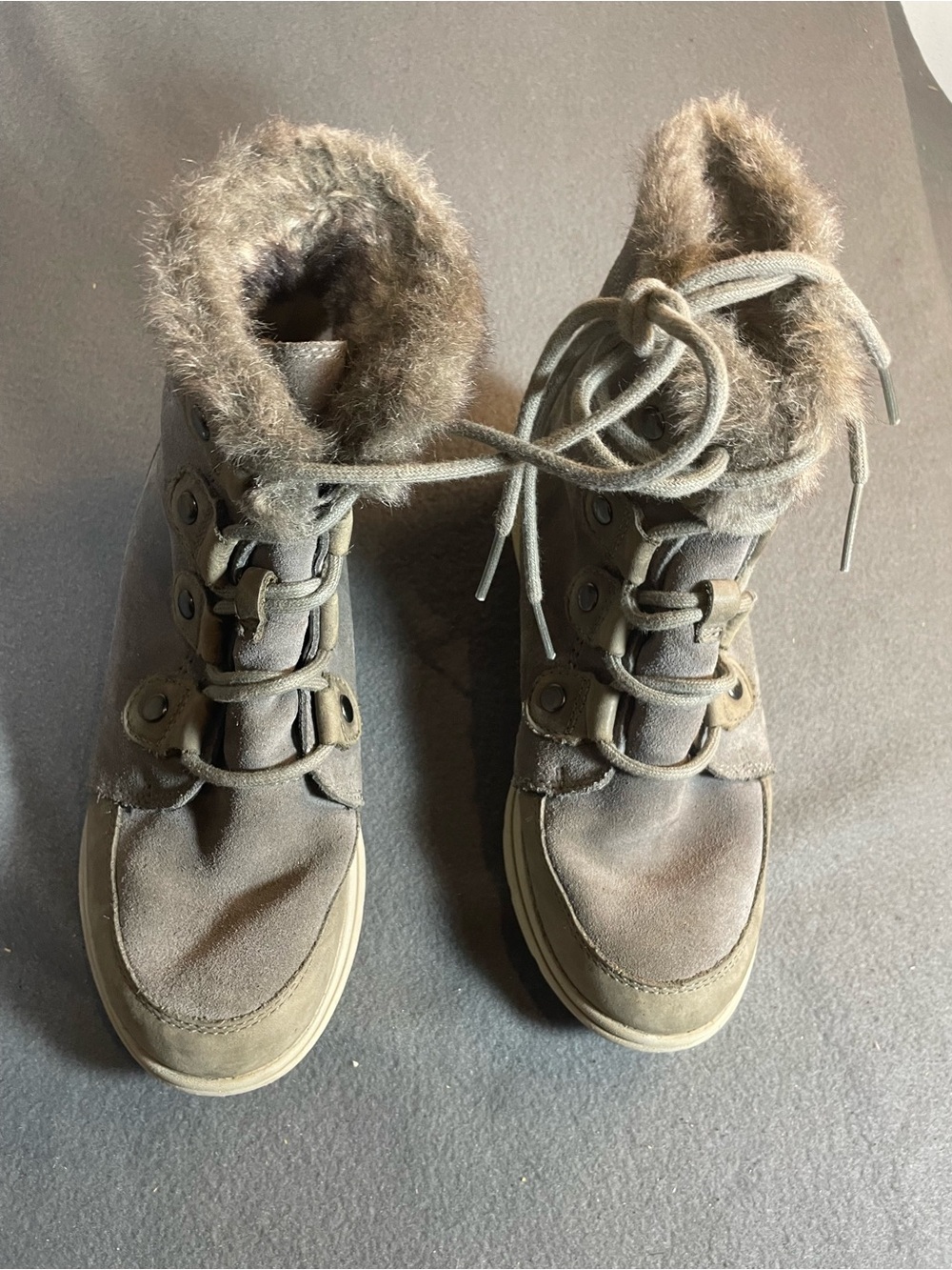 SOREL Explorer Joan Waterproof Suede Winter Boots Gray Quarry Faux Fur Women 6